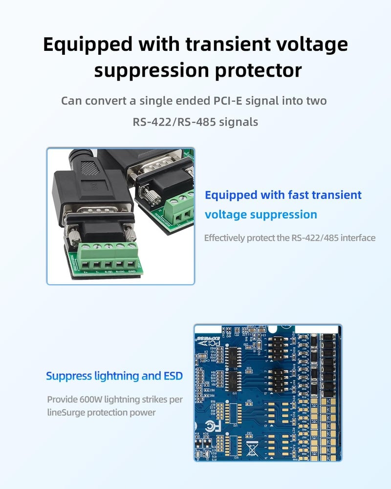 Buacoz PCIe to Dual RS-485/422 Serial Port Card with DB9 Connectors - High-Speed 1-to-2 Multi-Port Expansion Card, Terminal Block Adapters - Image 4